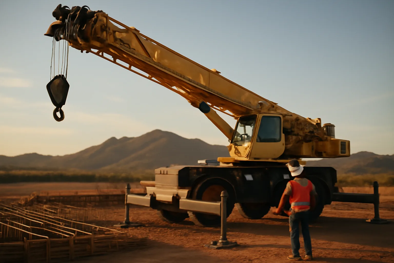 Mobile crane on an Arizona desert jobsite in late afternoon light