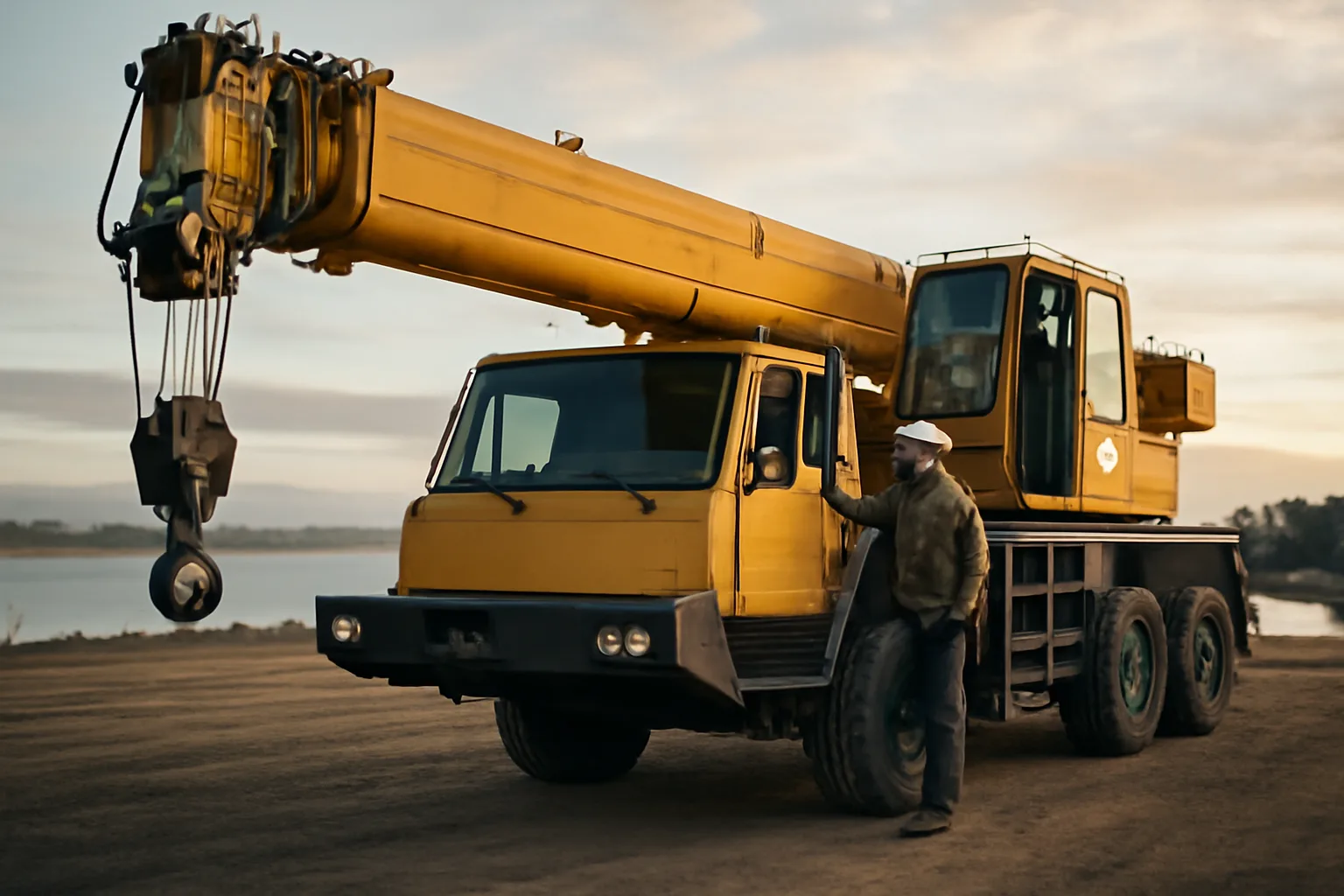 Operator beside a mobile crane in an Oakland yard at sunrise
