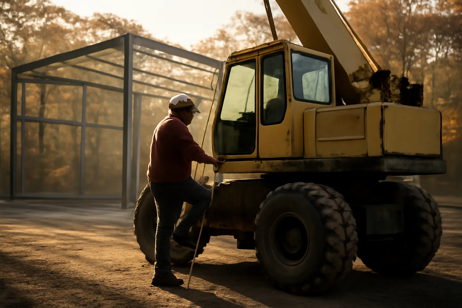 Crane operator climbing into a cab on a Connecticut site