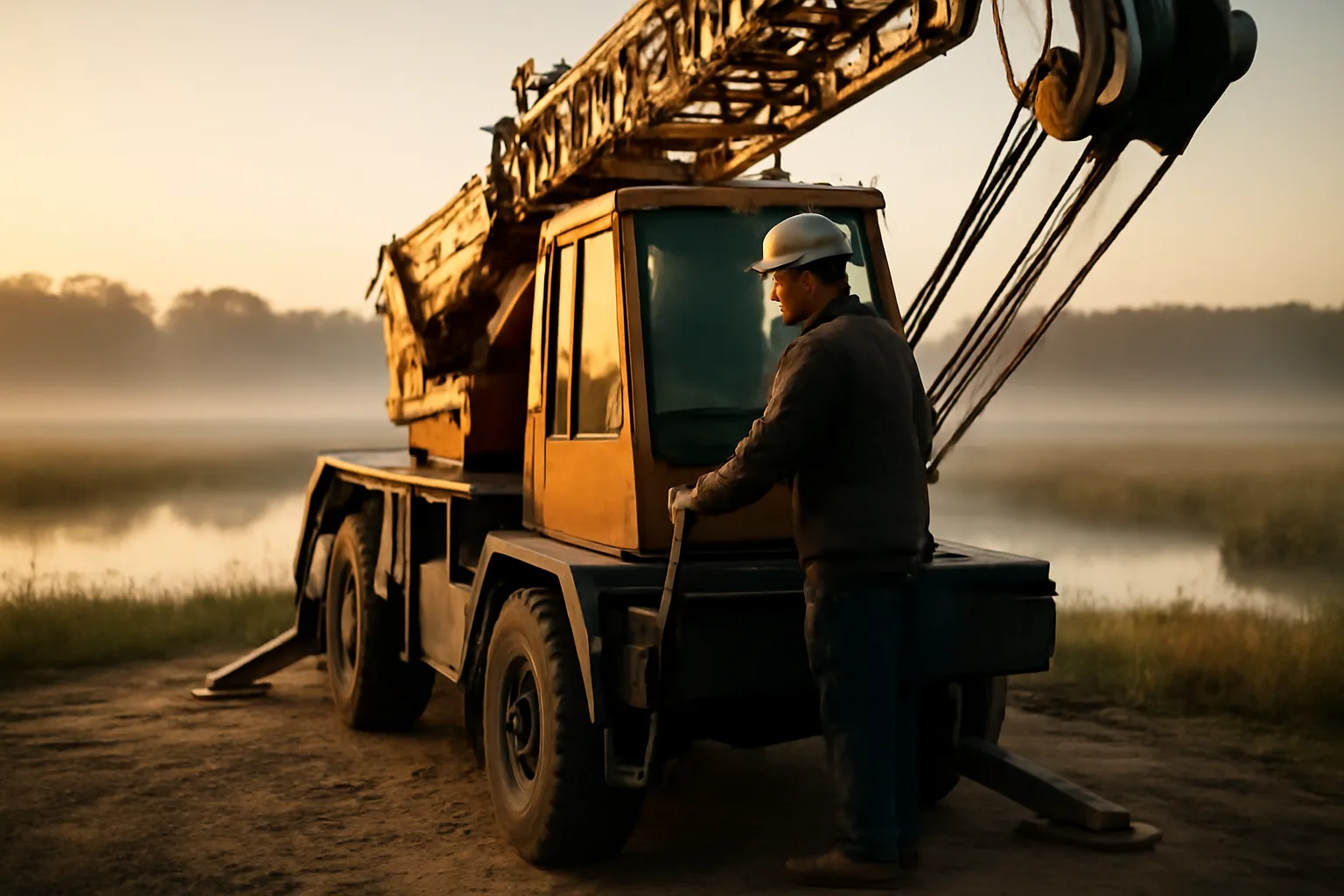 Operator climbing a mobile crane beside a misty Delaware marsh