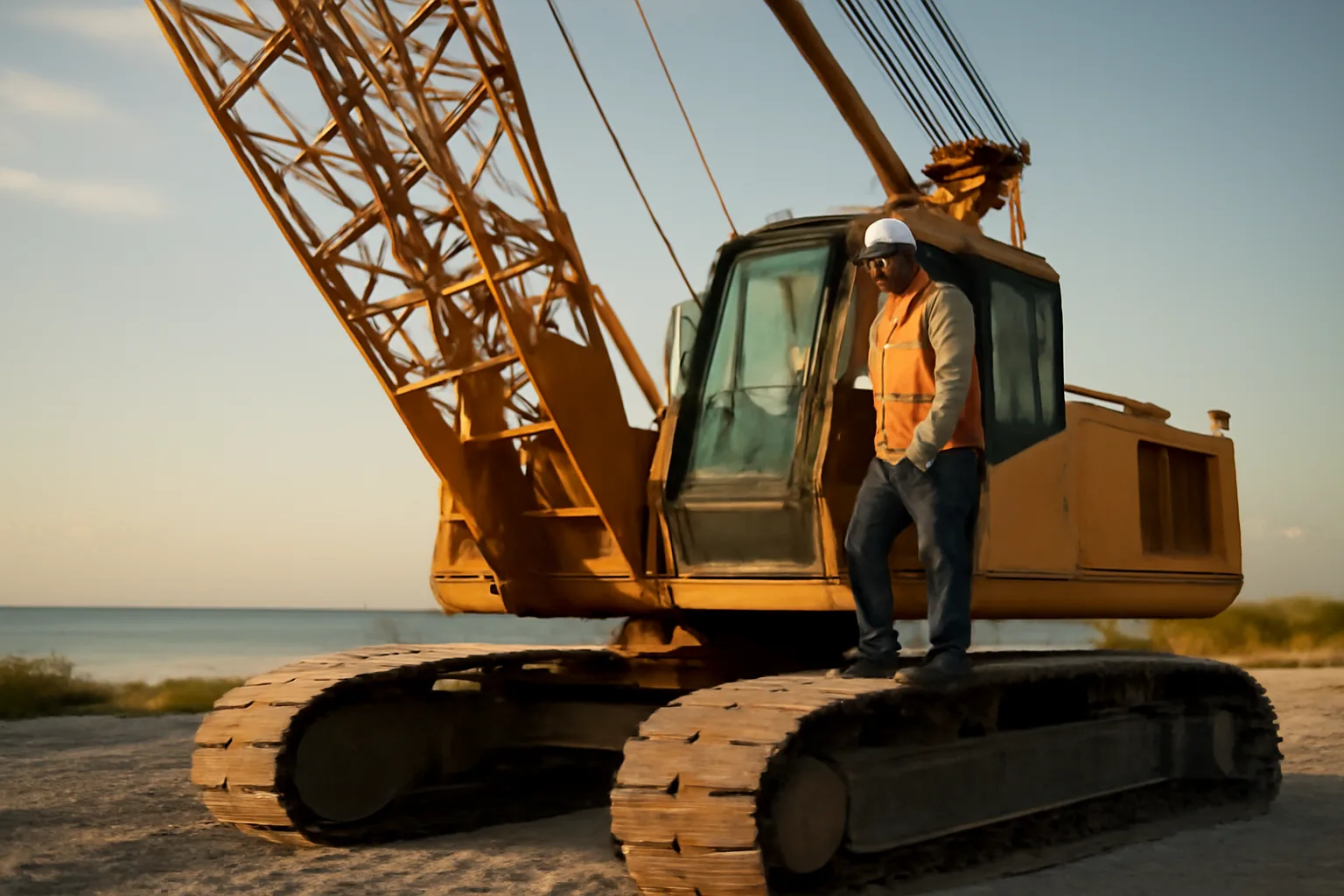 Operator climbing a crawler crane cab on a Florida jobsite