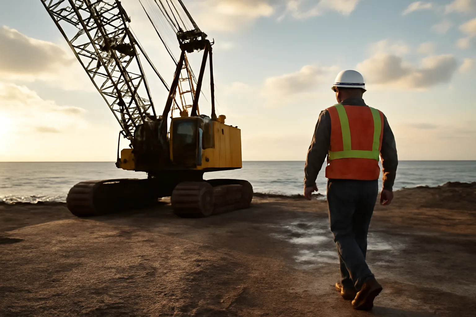 Crawler crane on an Oahu jobsite at sunrise near water