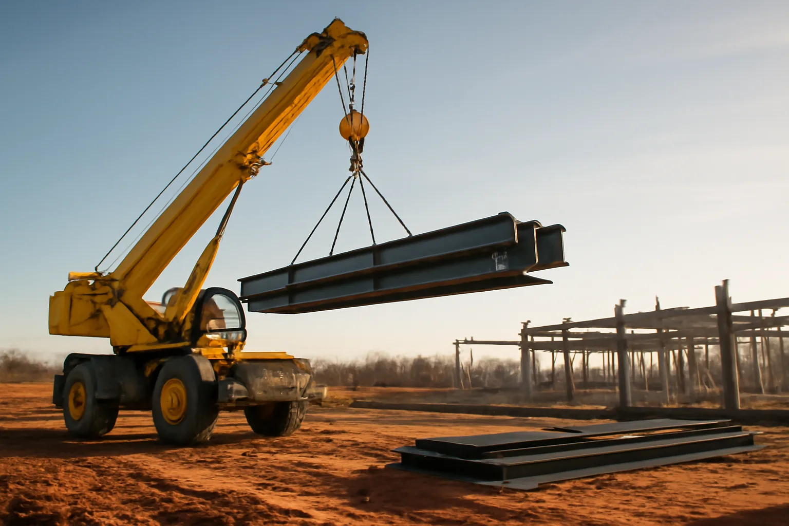 Mobile crane lifting steel beams at an Alabama construction site on a clear morning