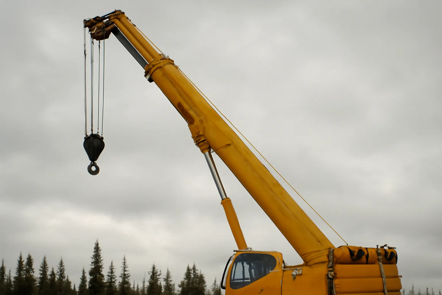 Mobile crane boom raised against an overcast Alaska sky with spruce treeline below