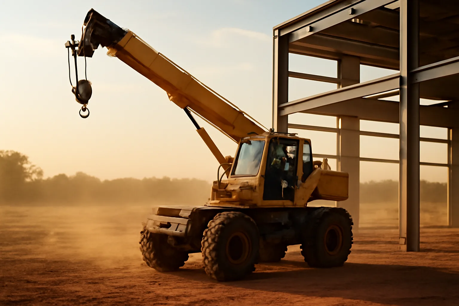 Rough-terrain crane on a Little Rock area jobsite at sunset