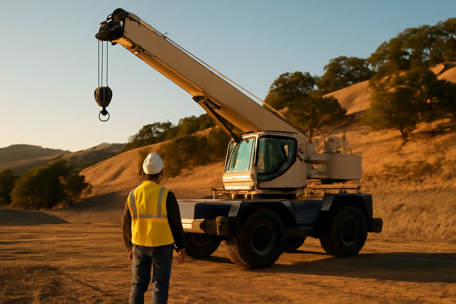 Crane operator standing by a rough-terrain crane on a California site