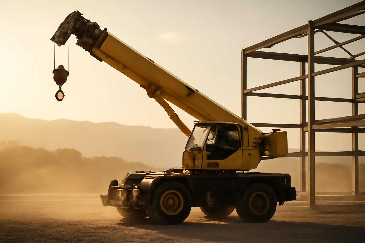 Mobile crane on a Colorado construction site in late light