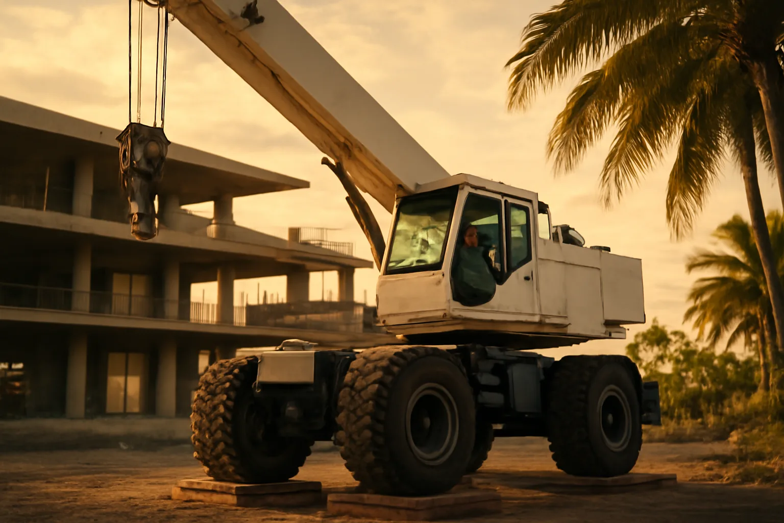 Crane operator in a cab on a Florida jobsite at dusk