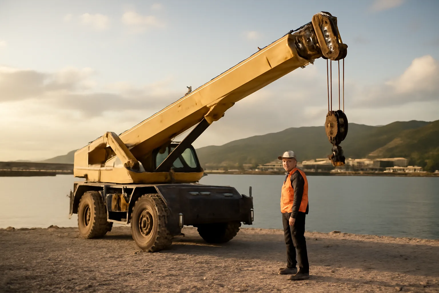 Crane operator beside a machine at a Hawaiian industrial harbor