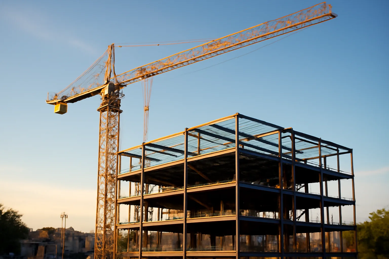 Yellow construction crane rising above a steel-frame building in Alabama morning light