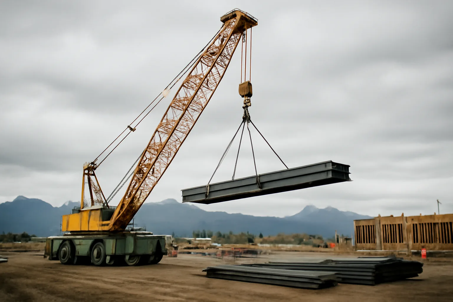 Mobile crane lifting steel beams on an Anchorage Alaska construction site