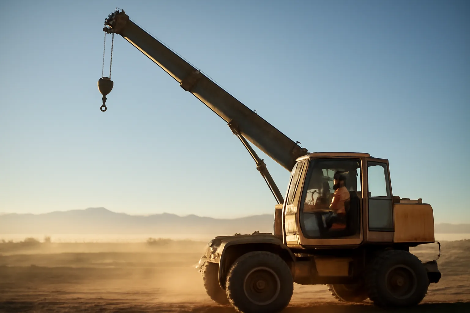 Mobile crane and operator on a Colorado jobsite at sunrise