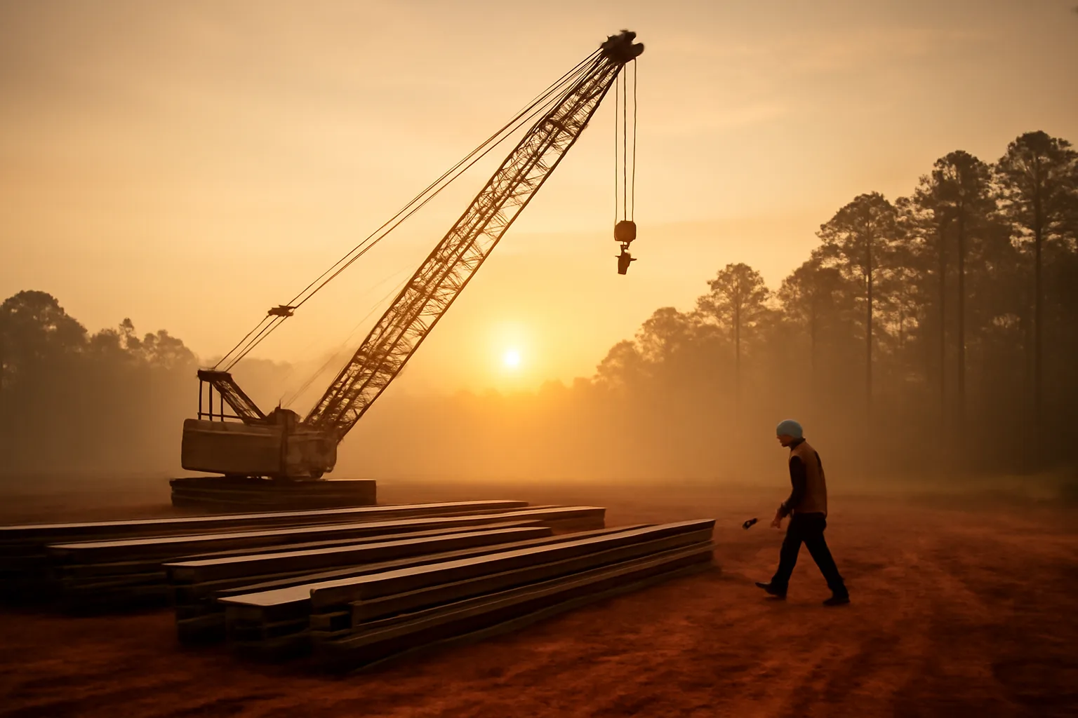 Crawler crane on a humid Georgia construction site at sunrise