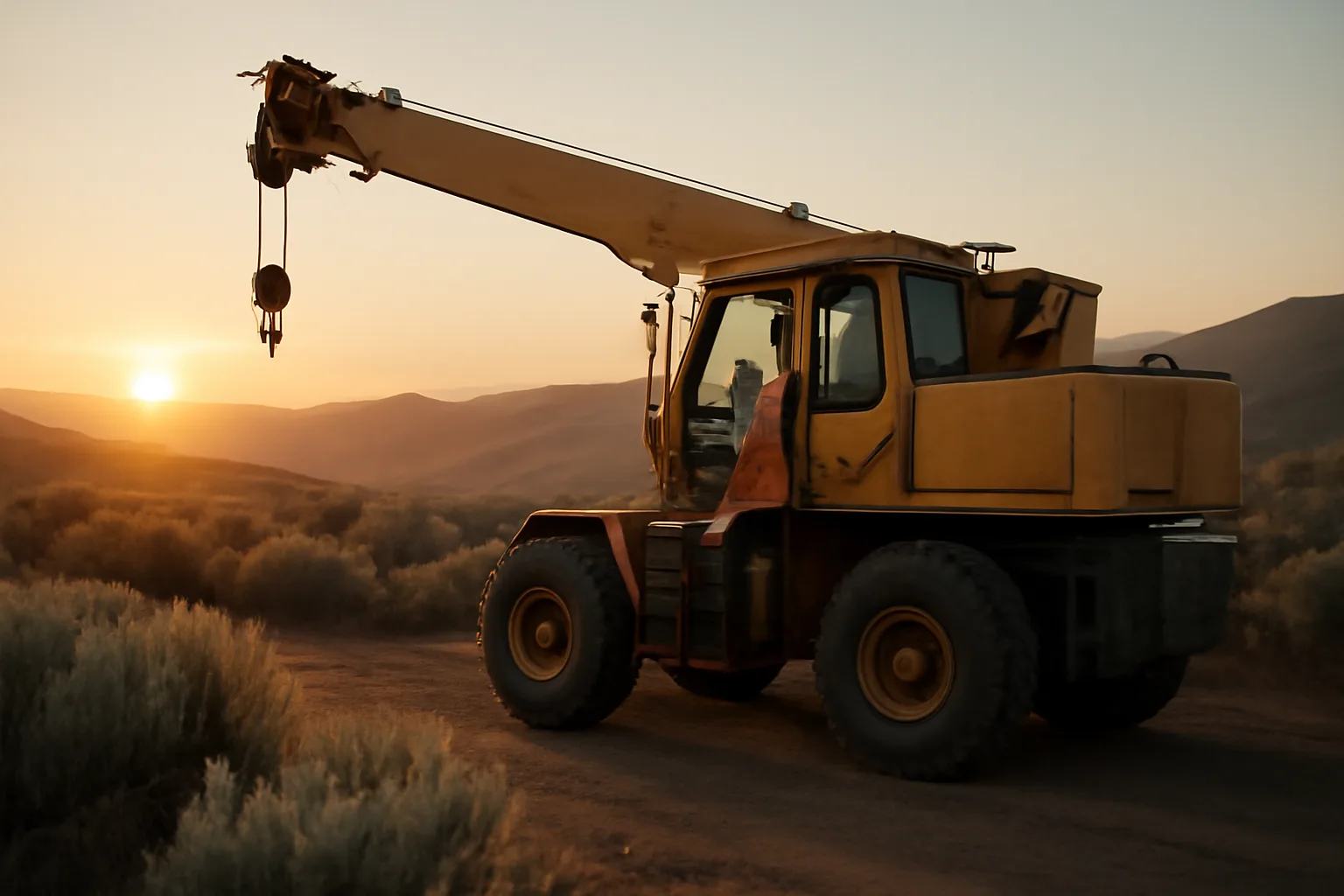 Operator climbing a crane cab at sunrise in Idaho foothills