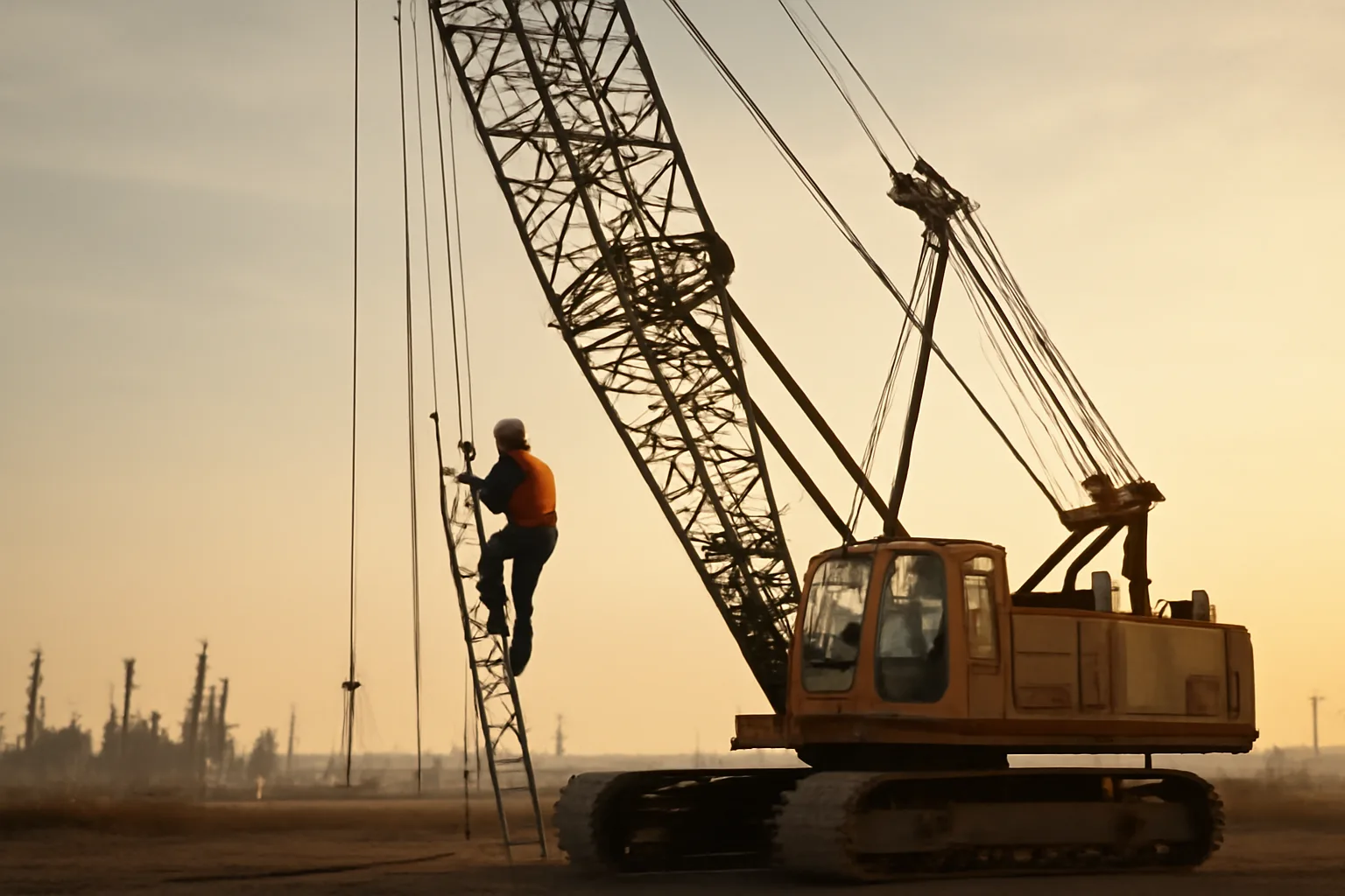 Crane operator climbing a lattice boom crawler crane at an Alabama construction site
