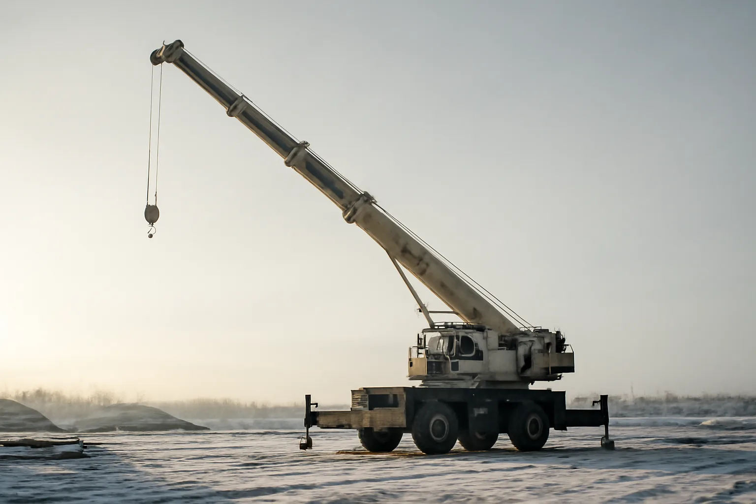 Mobile crane at an Alaskan construction site on a cold winter morning