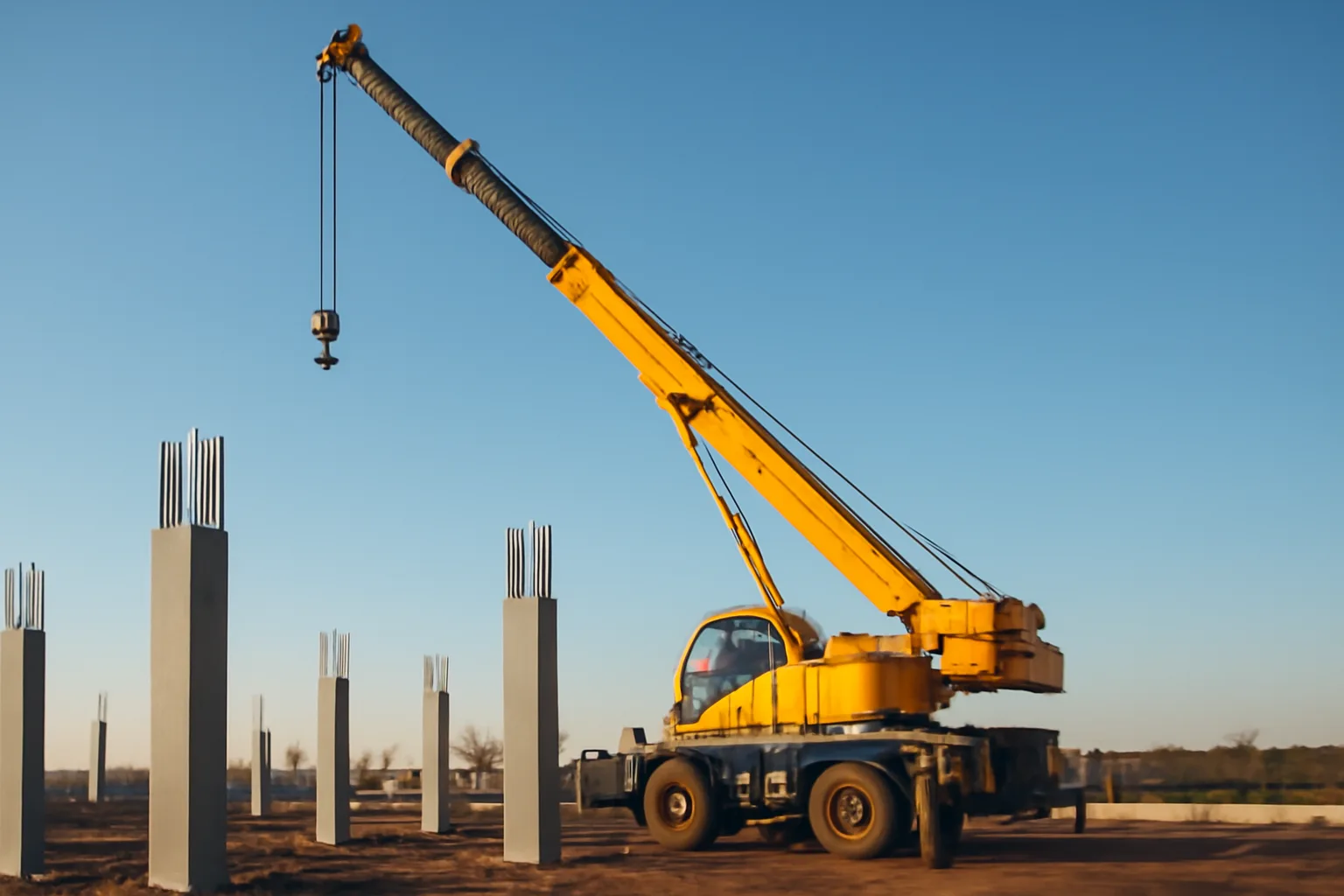 Mobile crane extending its boom over an Arizona commercial construction site at dawn