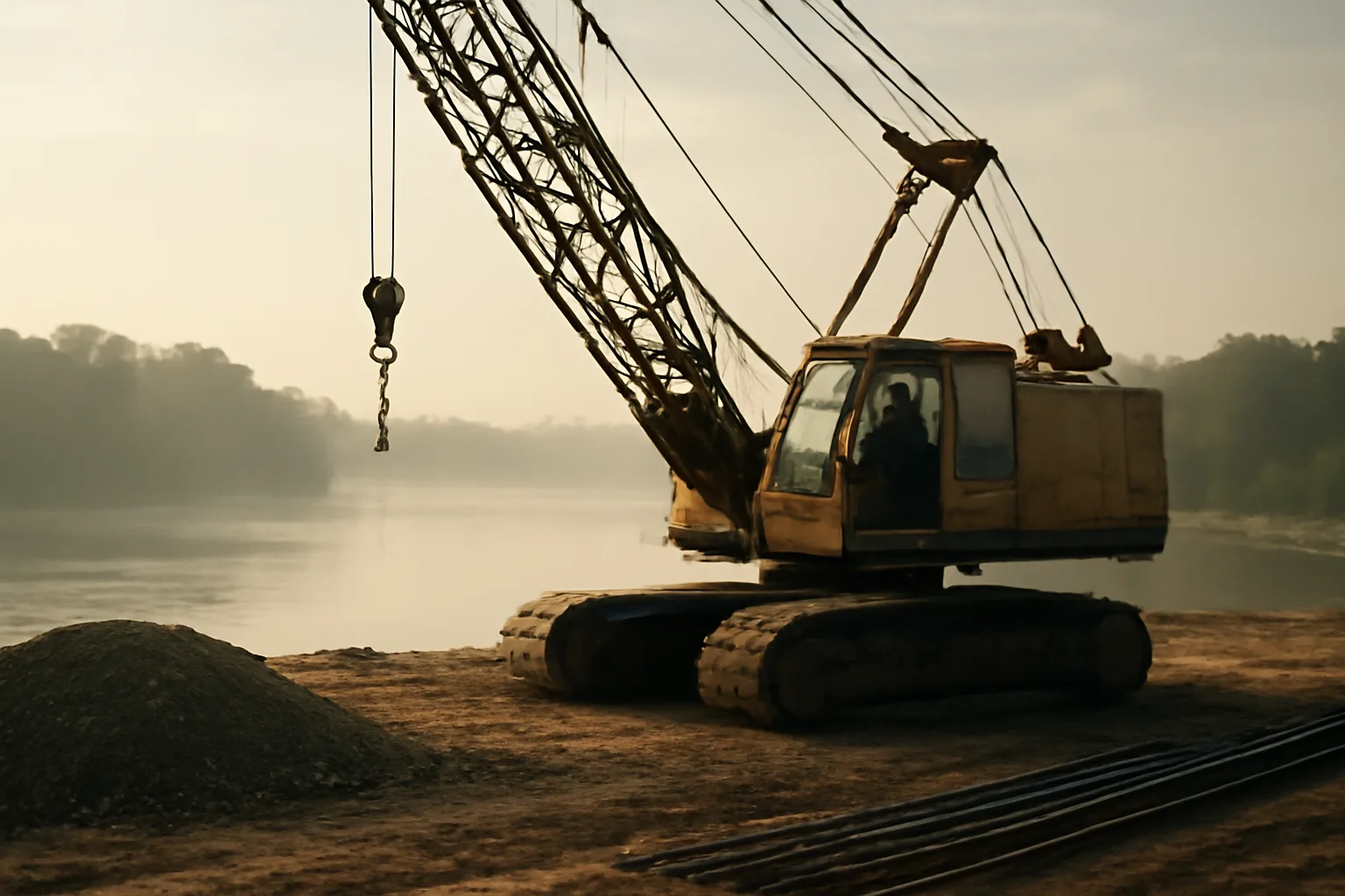Mobile crane and operator on an Arkansas construction site at dawn