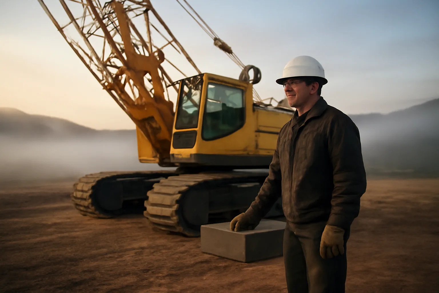 Operator beside a crawler crane on a foggy California morning