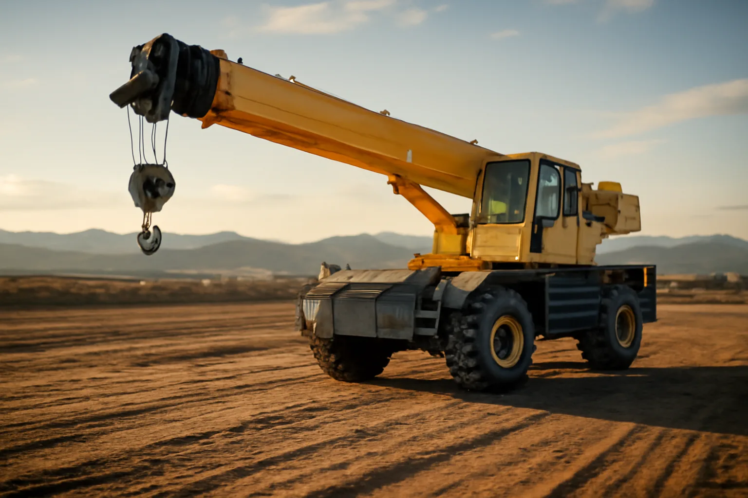 Rough-terrain crane on a Colorado jobsite in late afternoon