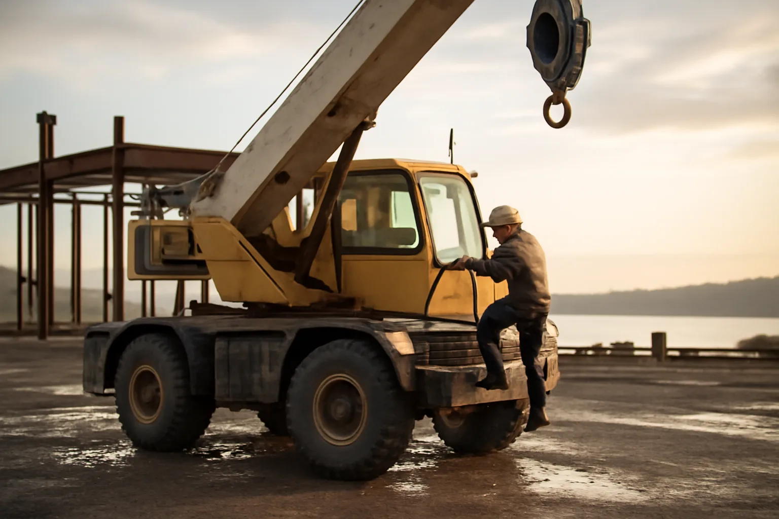 Crane operator climbing a rough-terrain crane on a Connecticut site