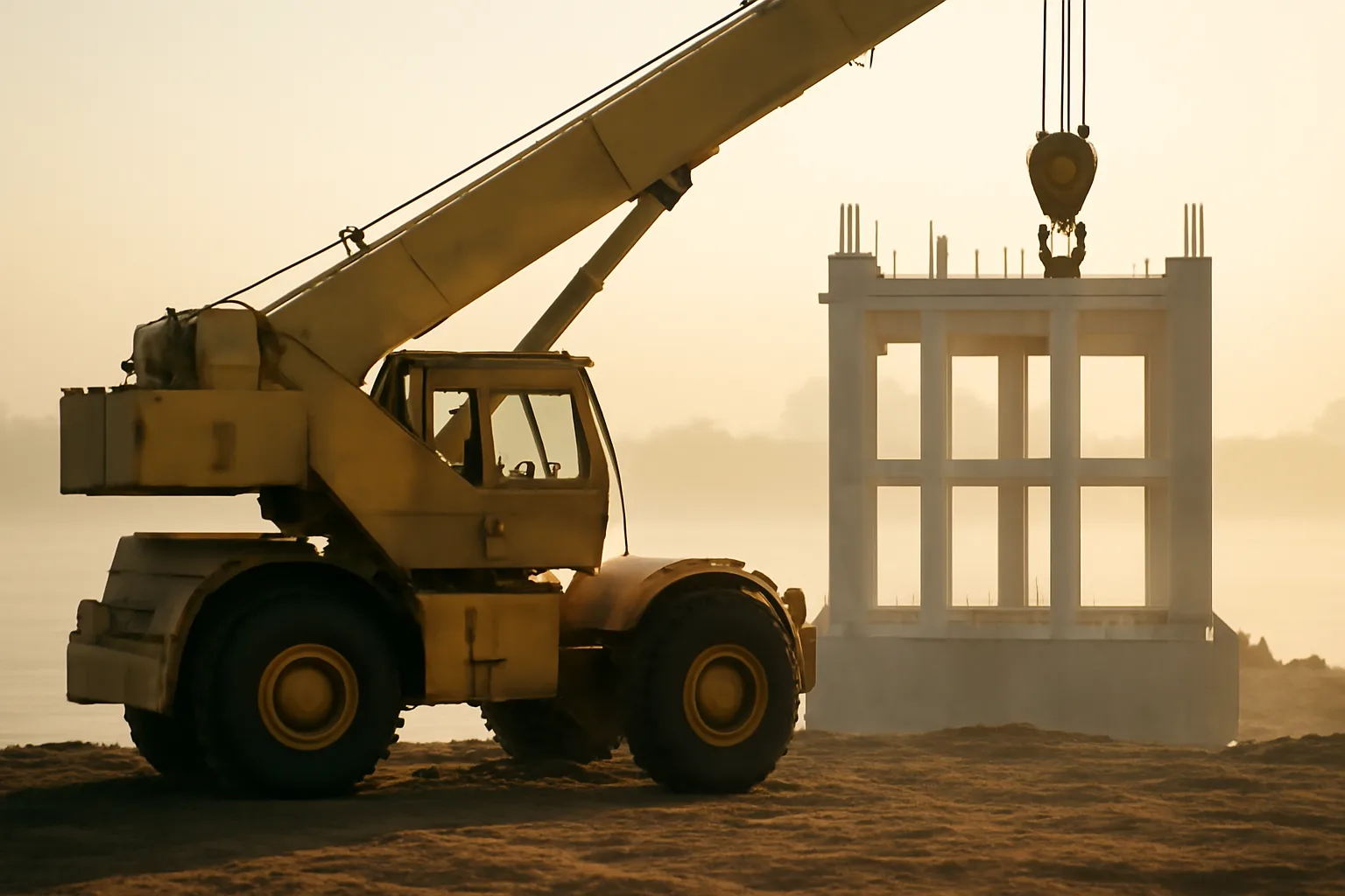 Hydraulic crane on a Florida waterfront construction site at sunrise