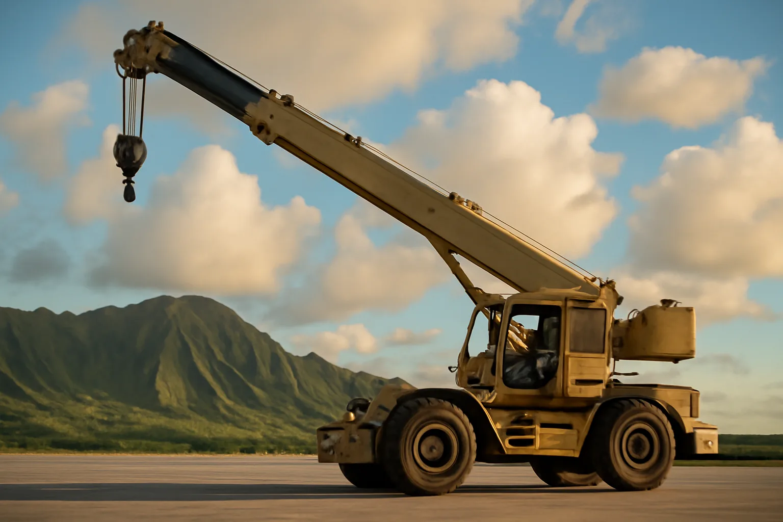 Crane operator in a cab on an Oahu construction deck at sunset