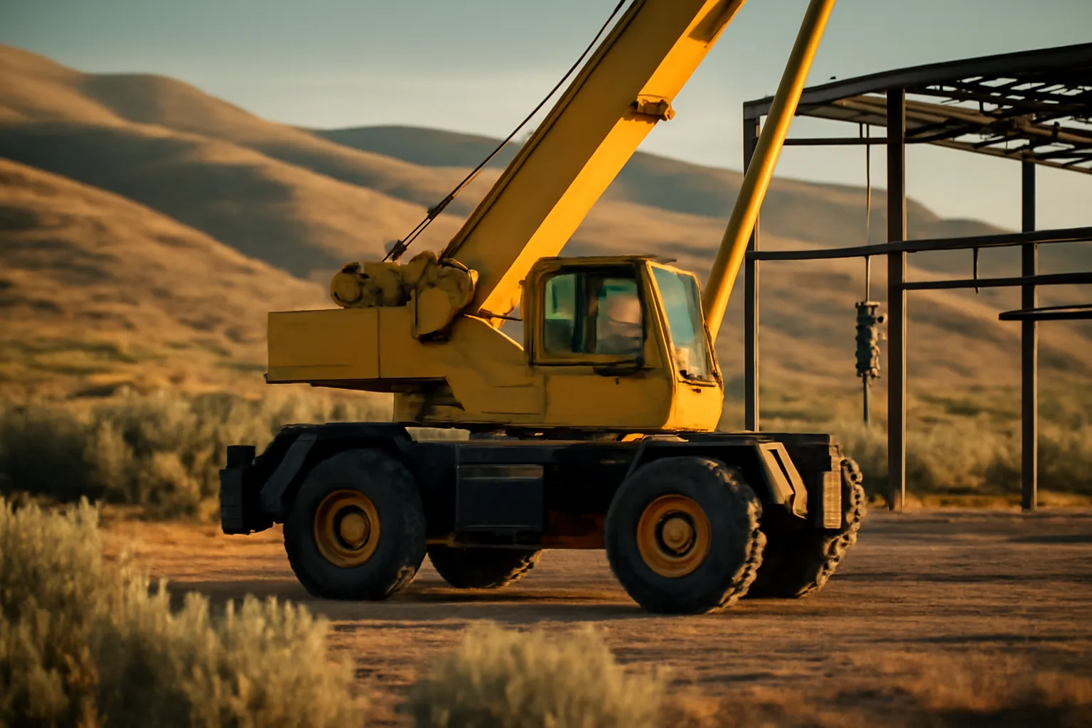 Mobile crane working a steel job in the Idaho foothills at dusk