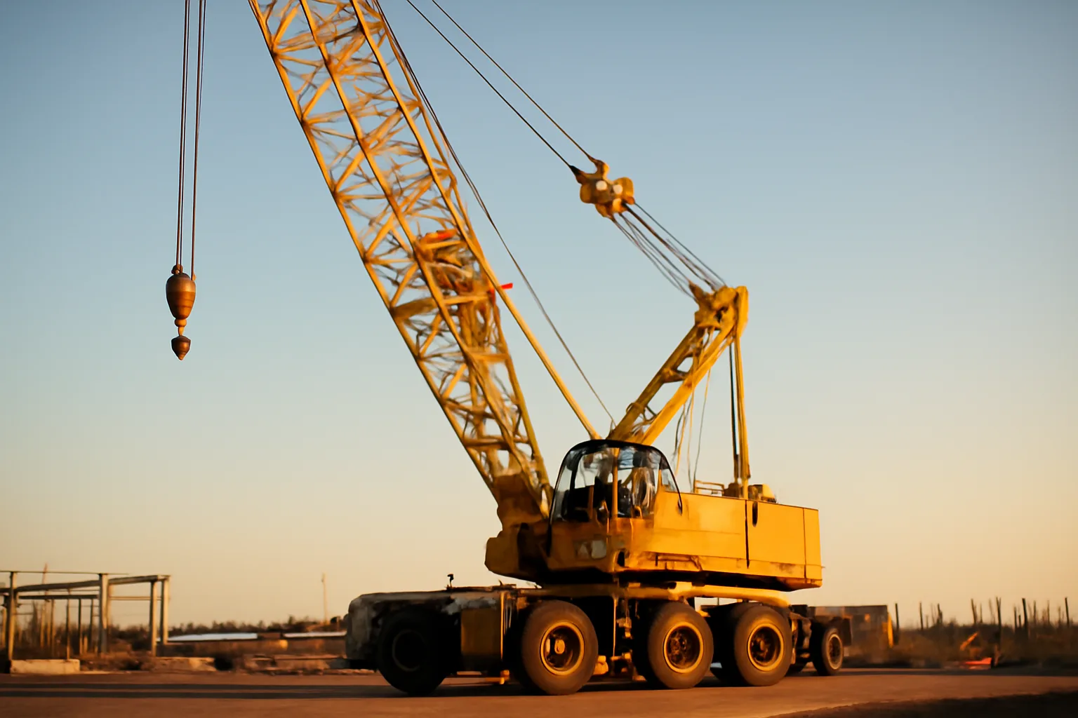Mobile lattice boom crane on an Alabama construction site at golden hour