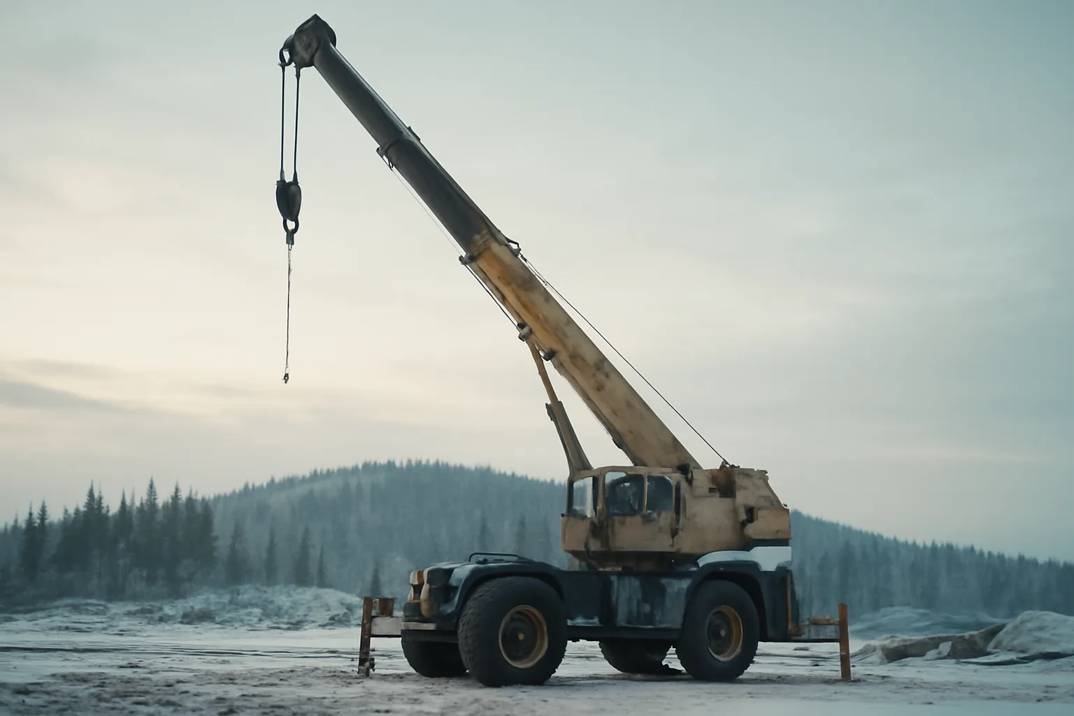Mobile crane with extended boom on an Anchorage Alaska construction site in winter