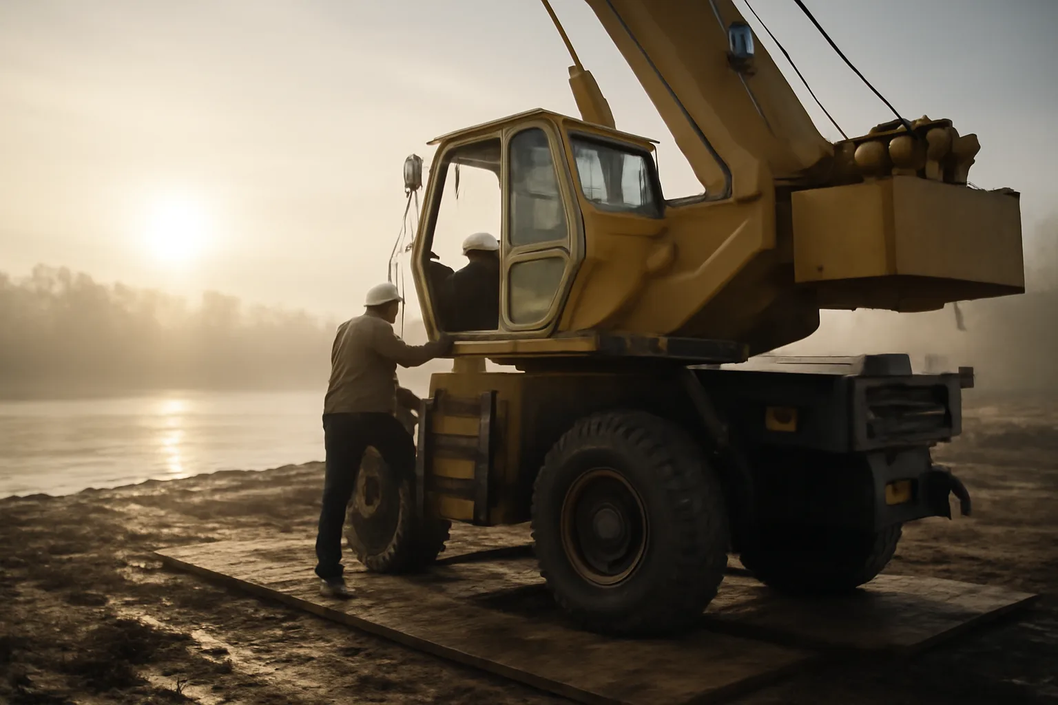 Mobile crane at dawn on an Arkansas riverfront jobsite