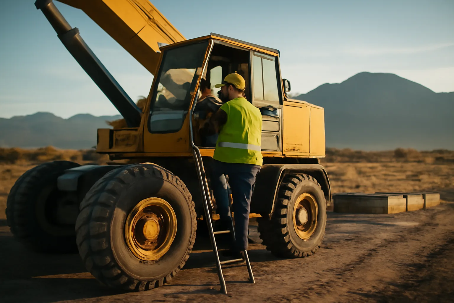 Operator climbing into a crane cab on a Colorado jobsite