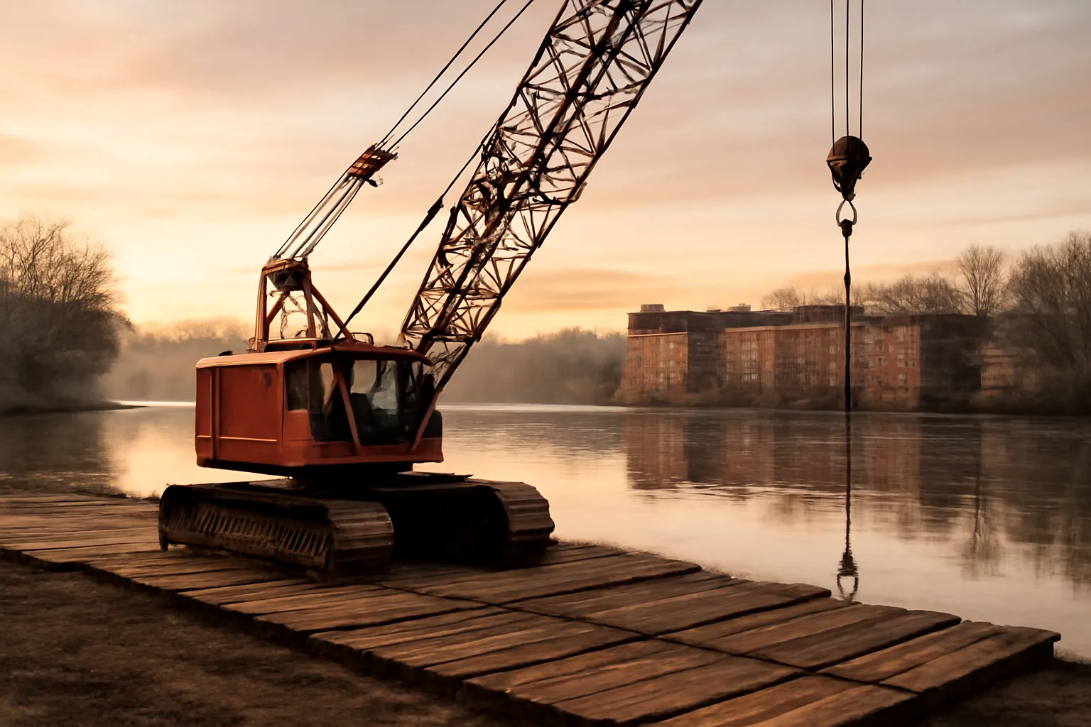 Crawler crane and operator on a Connecticut riverfront jobsite at sunrise