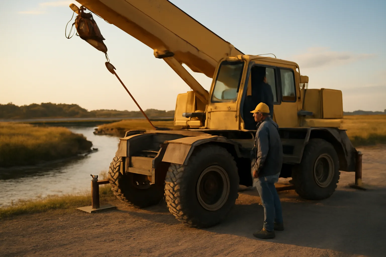 Crane operator beside a mobile crane on a Delaware jobsite