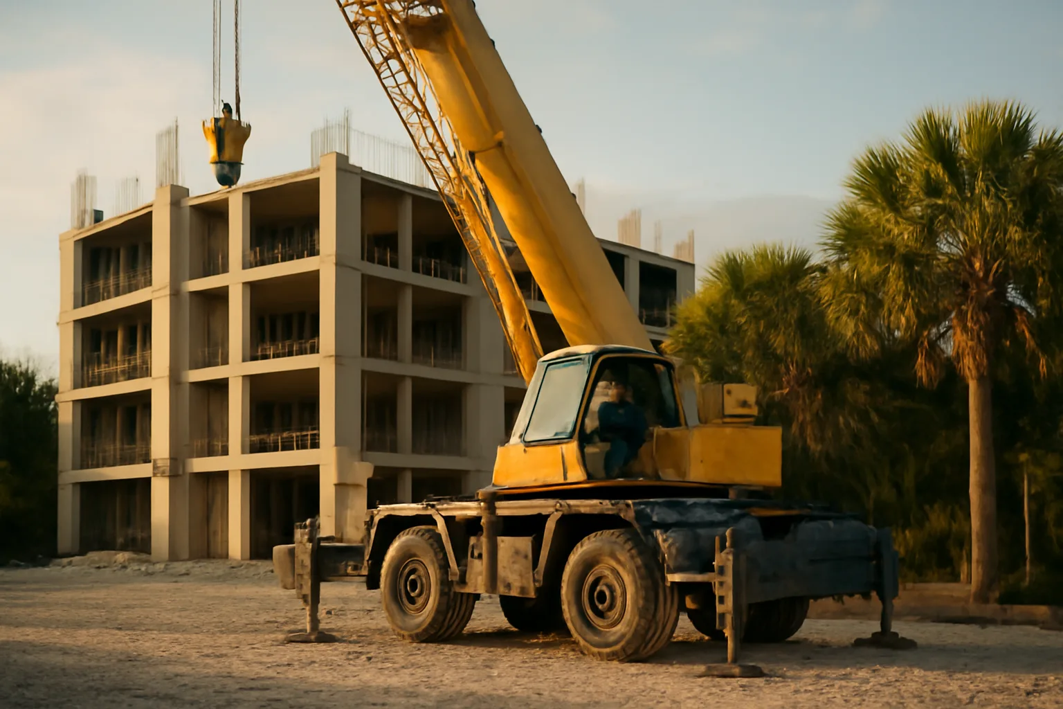 Mobile crane on a sunlit Florida construction site at late afternoon