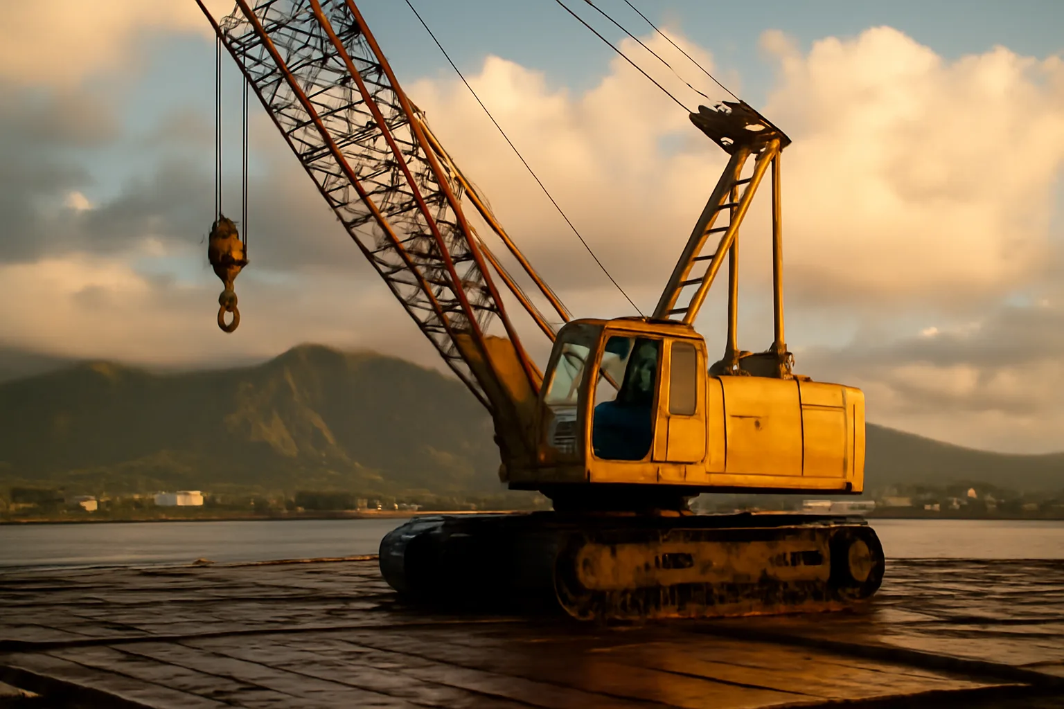 Crawler crane on a Honolulu jobsite in late afternoon light