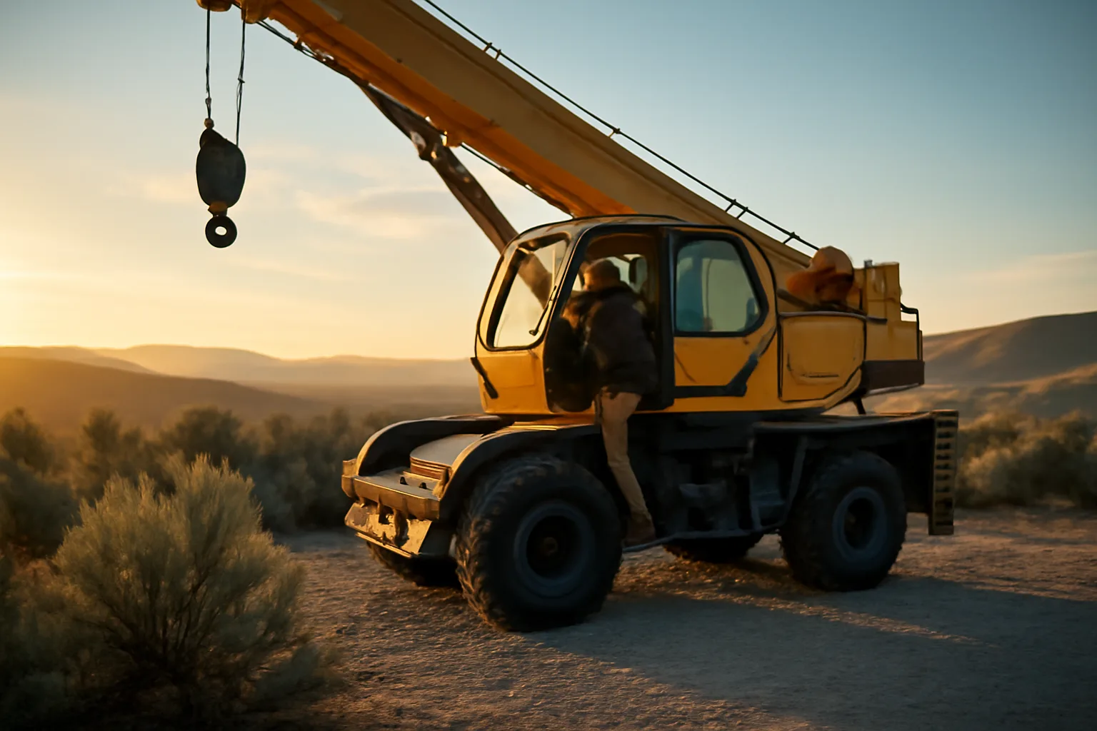 Mobile crane and operator at sunrise on an Idaho jobsite