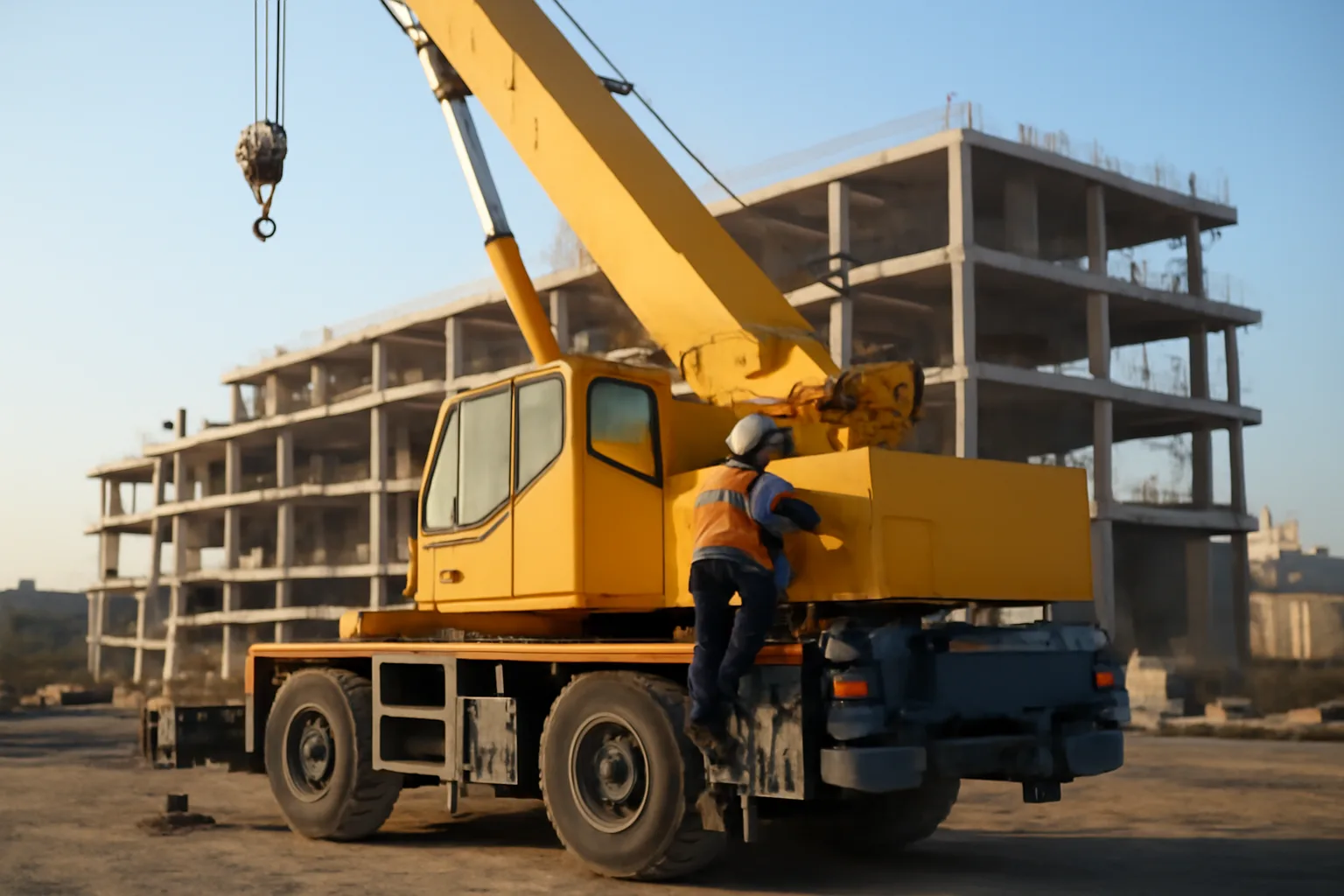 Mobile crane operator climbing cab ladder at Alabama construction site at dawn