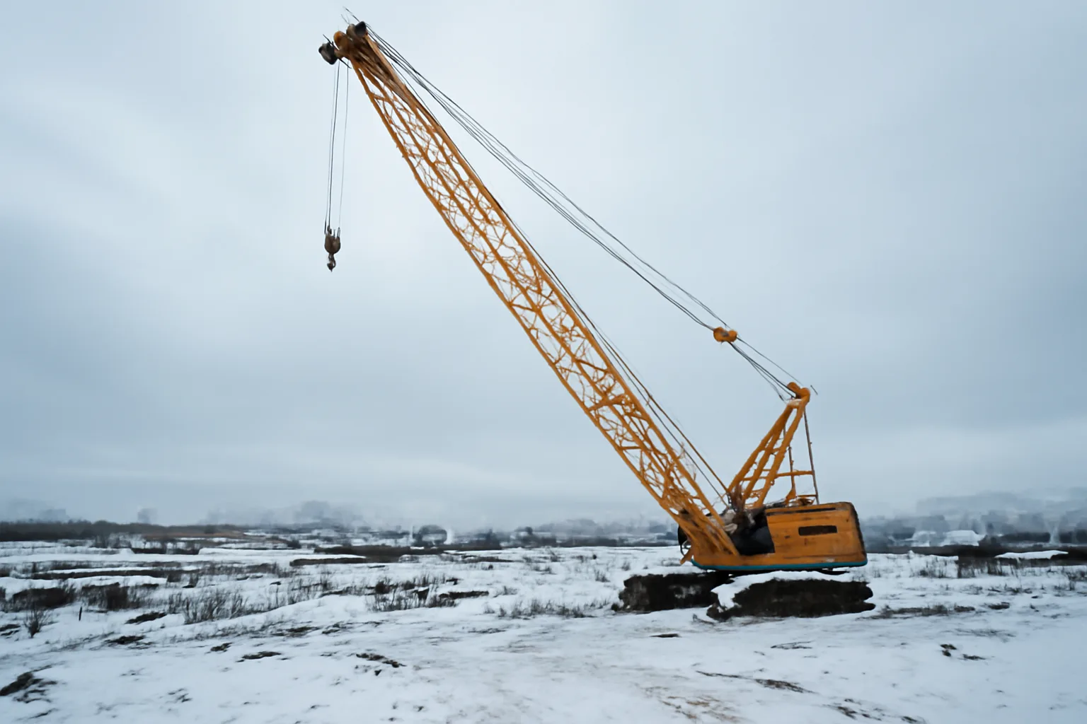 Lattice boom crane on a snow-covered Anchorage construction site in winter