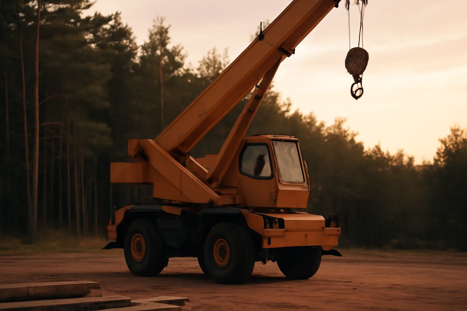 Mobile crane on an Arkansas dirt pad in late afternoon