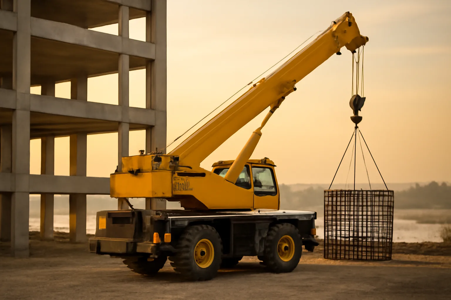 Crane operator in a cab on a Wilmington-area jobsite at sunset