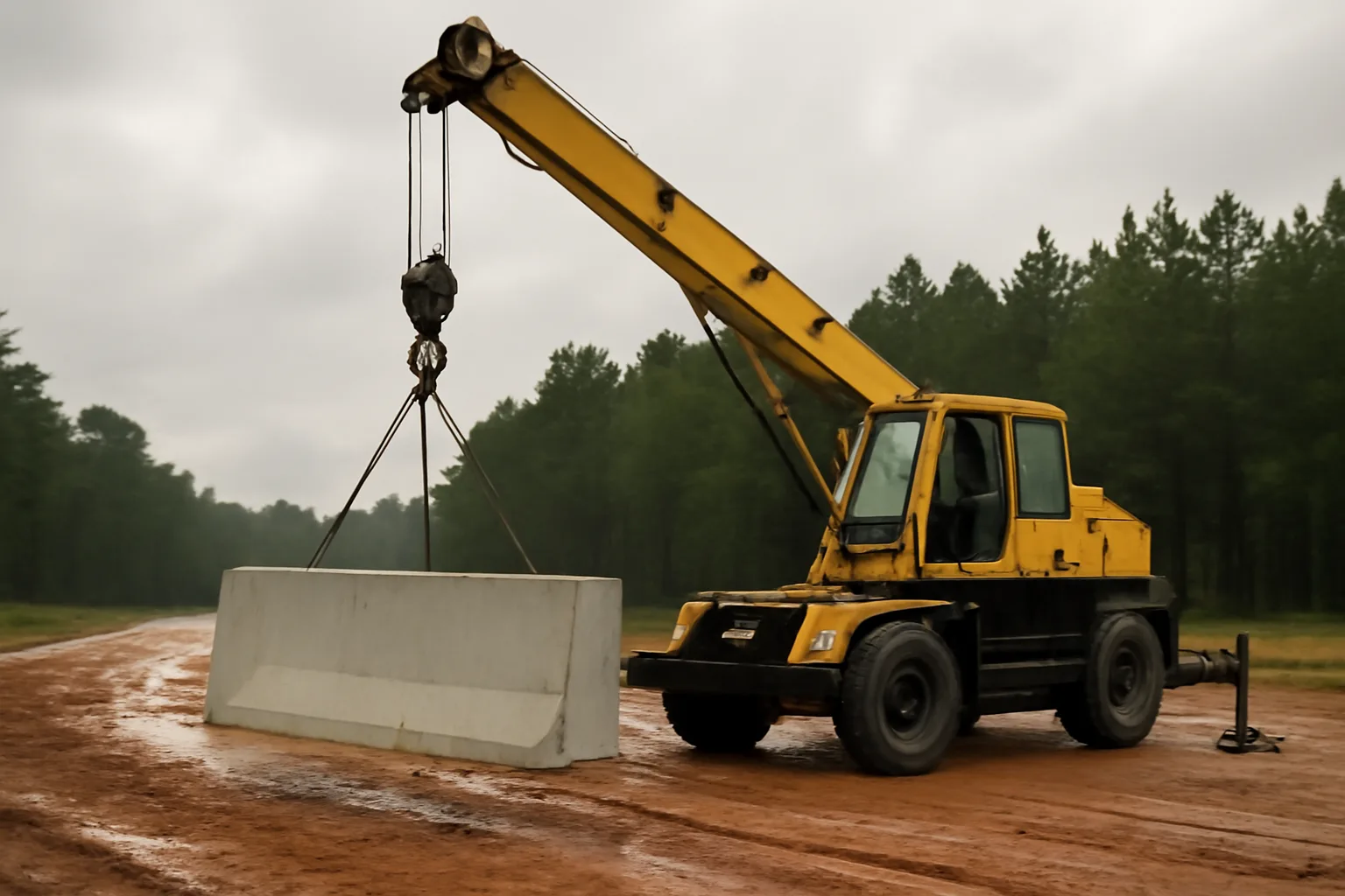 Rough-terrain crane lifting a barrier on a Georgia jobsite