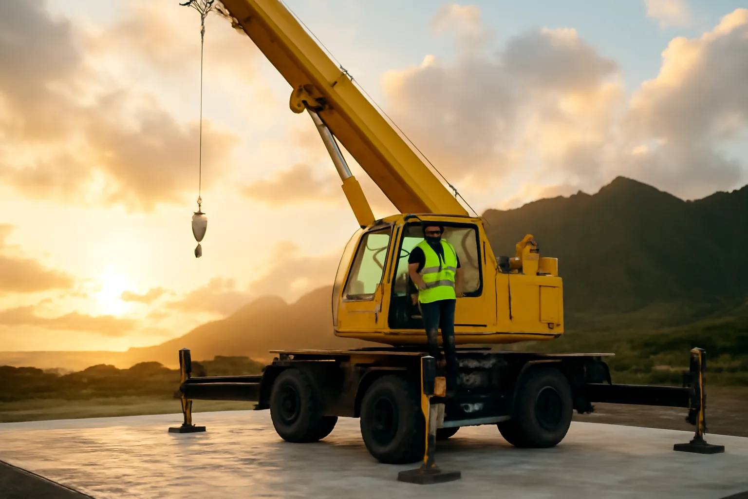 Mobile crane on an Oahu jobsite at sunrise near mountains