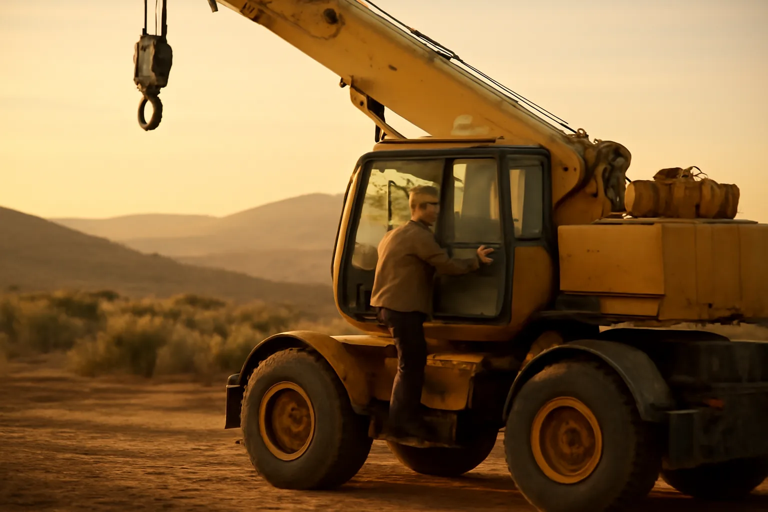 Crane operator climbing into a mobile crane near Boise at sunrise
